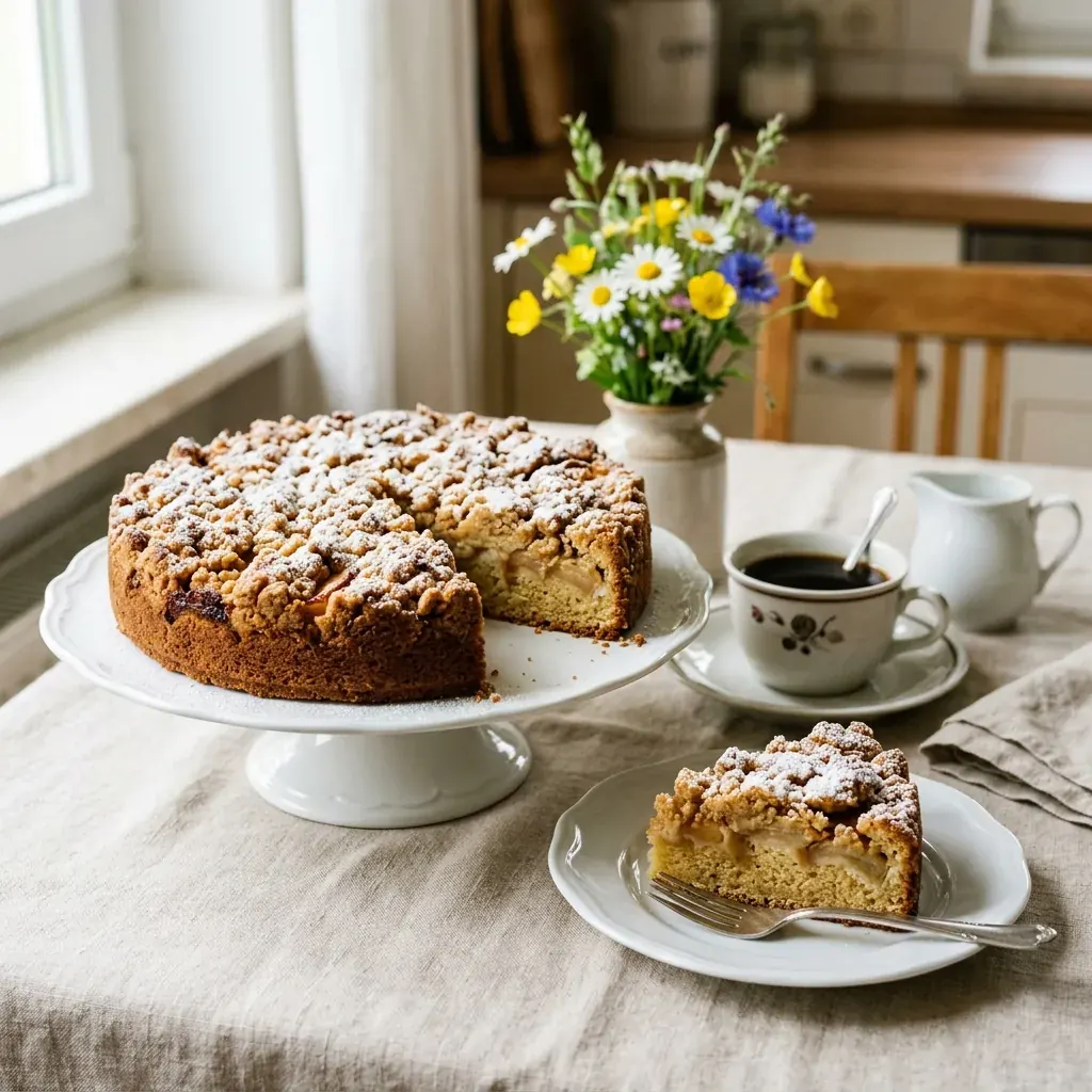 Klassischer Apfelkuchen mit goldenen Streuseln und Puderzucker