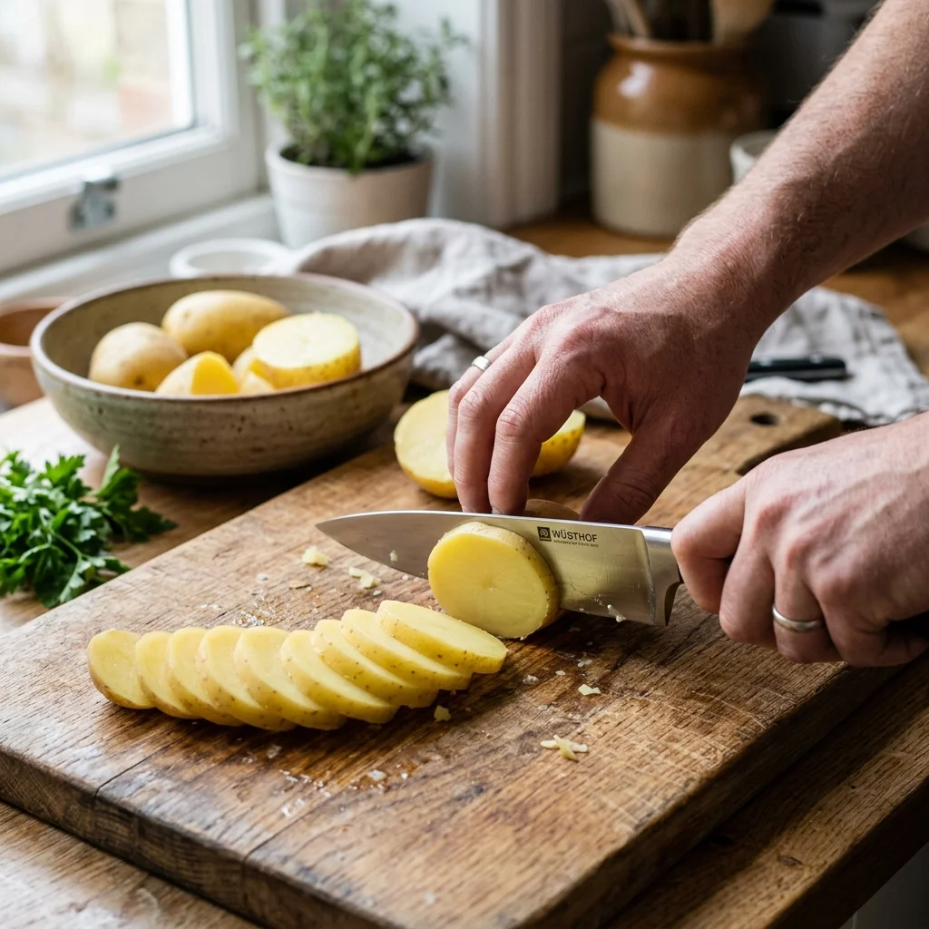 Gekochte Pellkartoffeln werden auf einem Holzbrett in Scheiben geschnitten