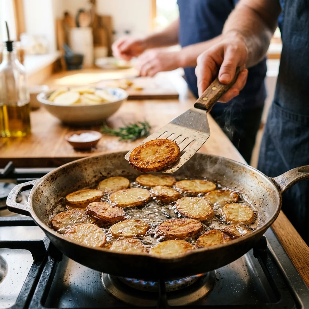 Kartoffelscheiben braten goldbraun und knusprig in der Pfanne, gewendet mit dem Pfannenwender