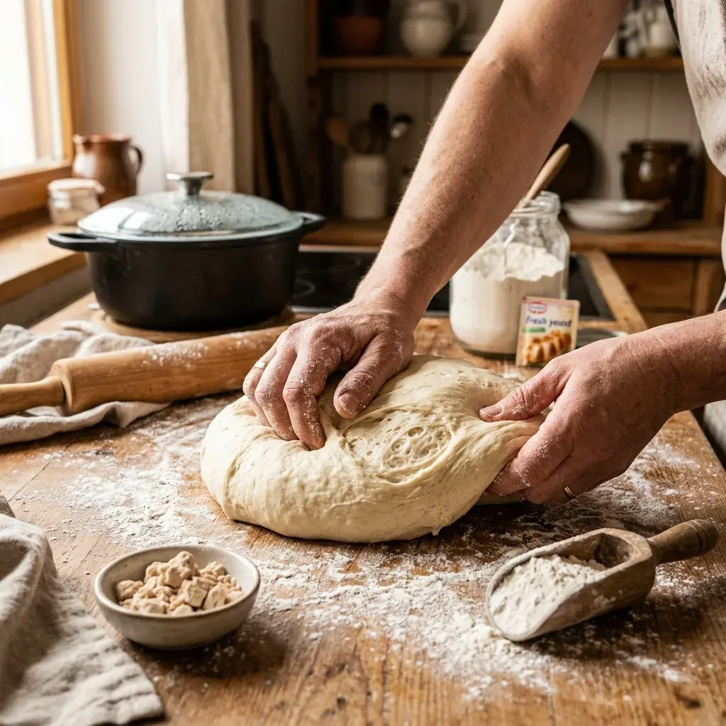 Dampfnudeln Schritt 1: Hefeteig kneten und vorbereiten auf bemehlter Arbeitsfläche
