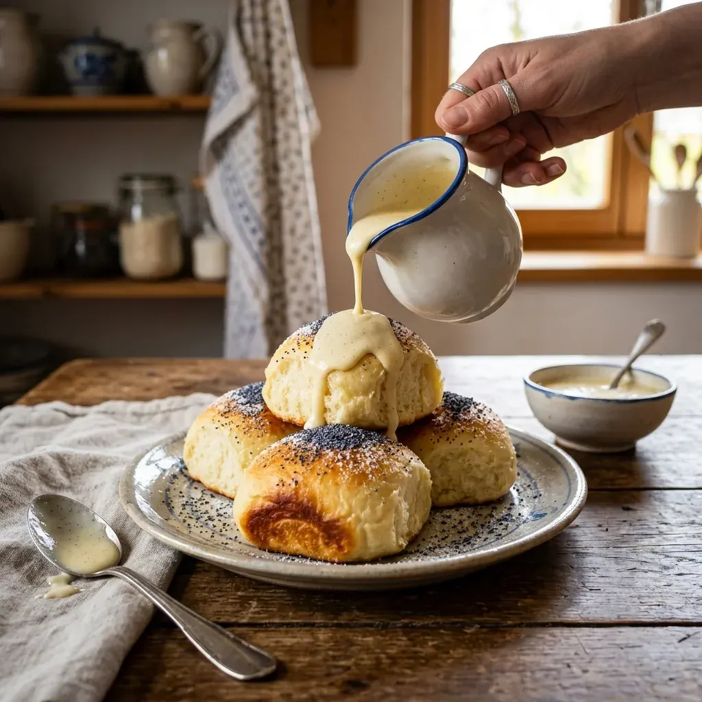 Dampfnudeln Schritt 4: Fertige Dampfnudeln mit Vanillesoße servieren