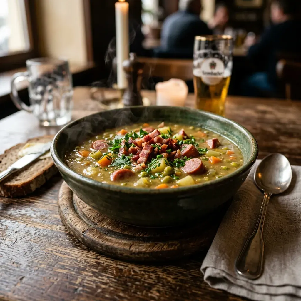 Traditionelle Erbsensuppe mit Speck und Wurzelgemüse
