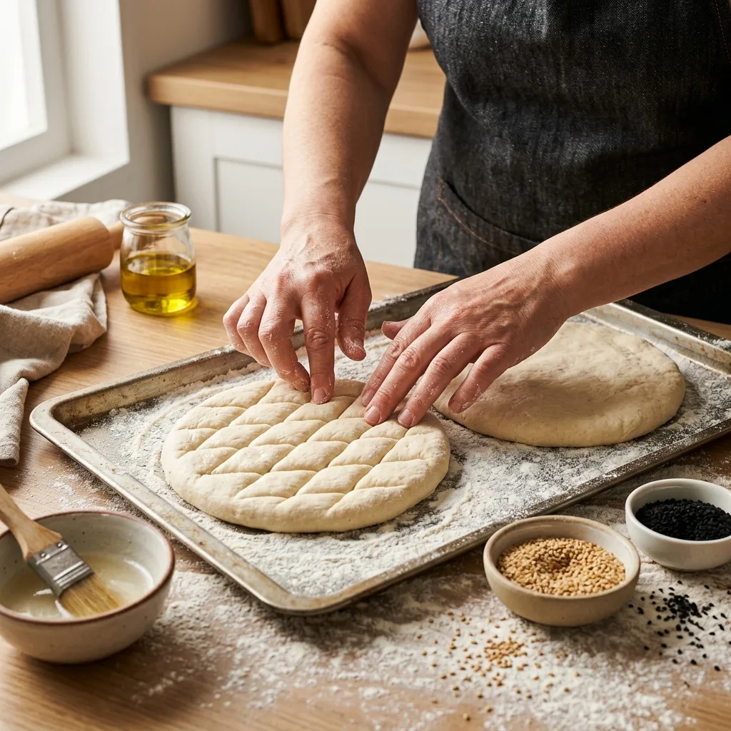 Fladen wird geformt und mit Sesam bestreut