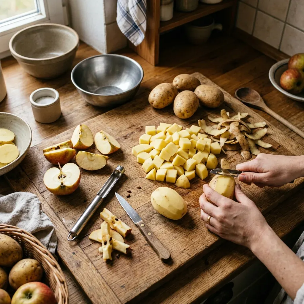 Himmel und Erde Schritt 1: Kartoffeln und Äpfel vorbereiten – Kartoffeln schälen und Äpfel schneiden