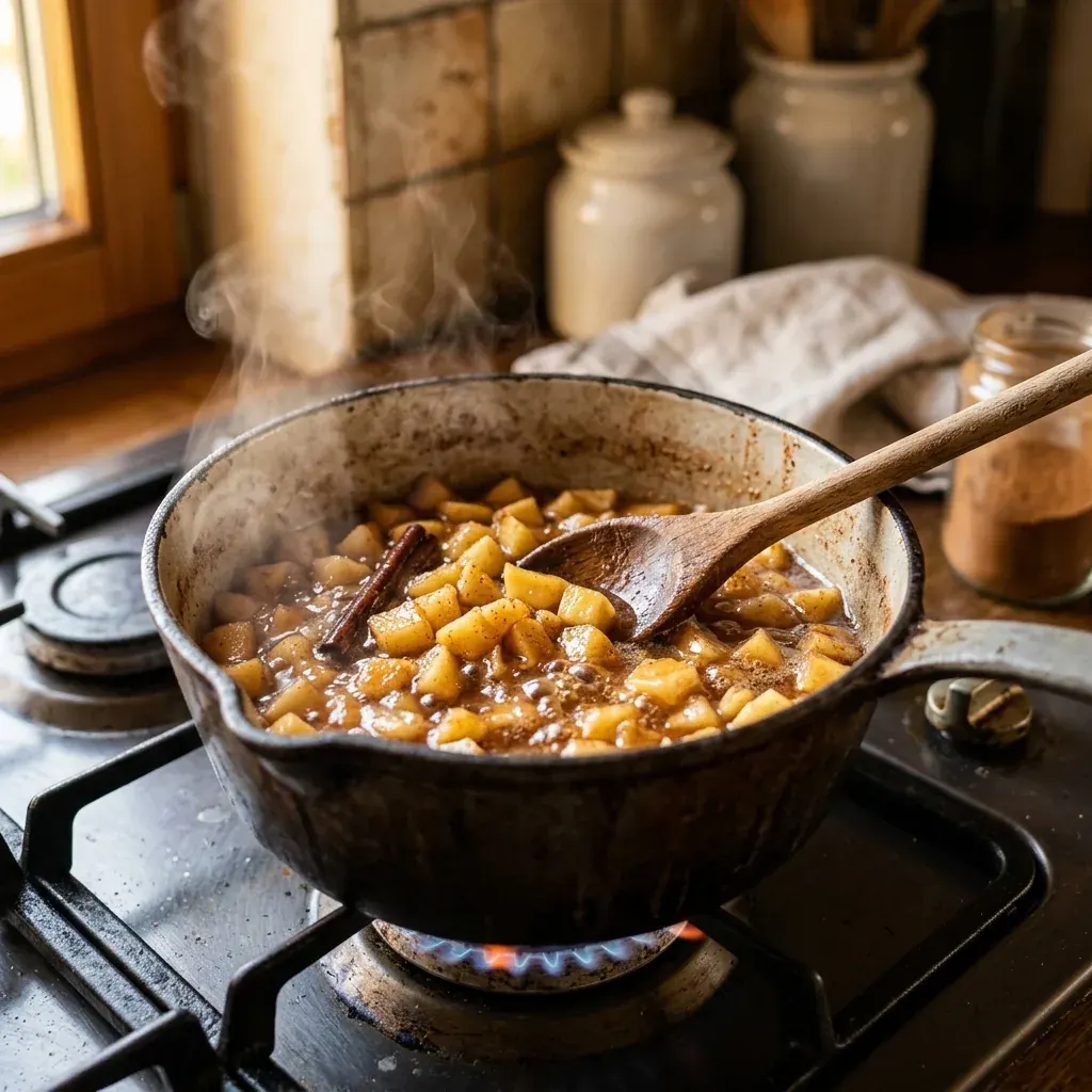 Himmel und Erde Schritt 2: Apfelkompott im Topf kochen mit Zimt und Zucker