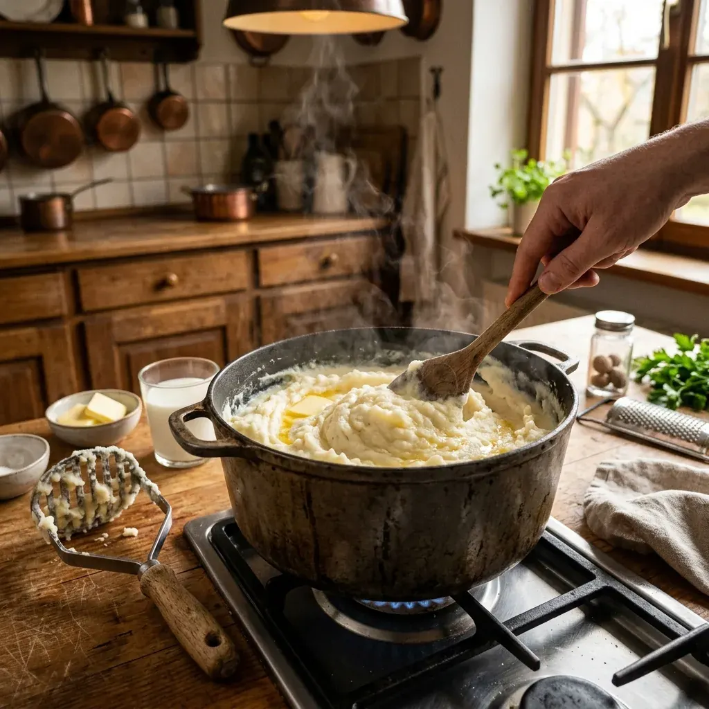 Himmel und Erde Schritt 3: Cremiges Kartoffelpüree mit Butter und Milch stampfen
