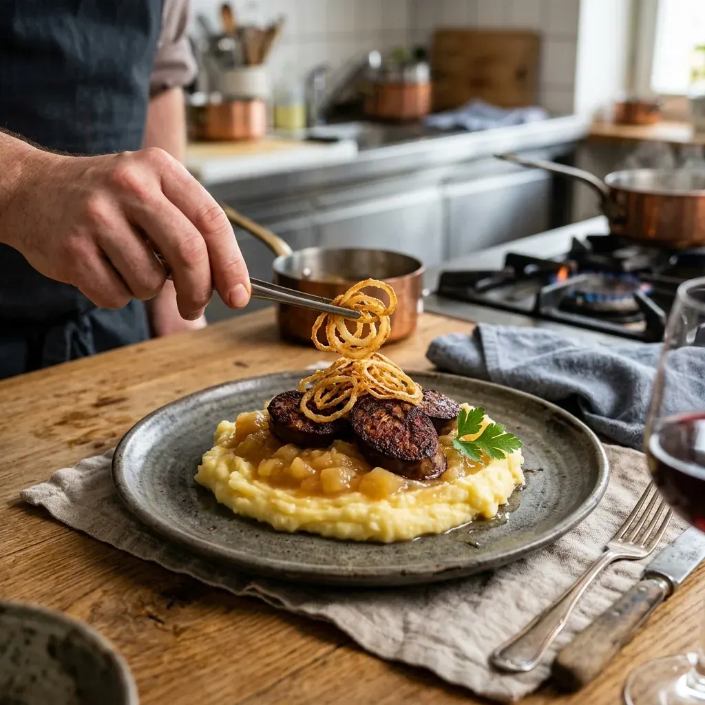 Himmel und Erde Schritt 4: Blutwurst knusprig braten und mit Röstzwiebeln anrichten