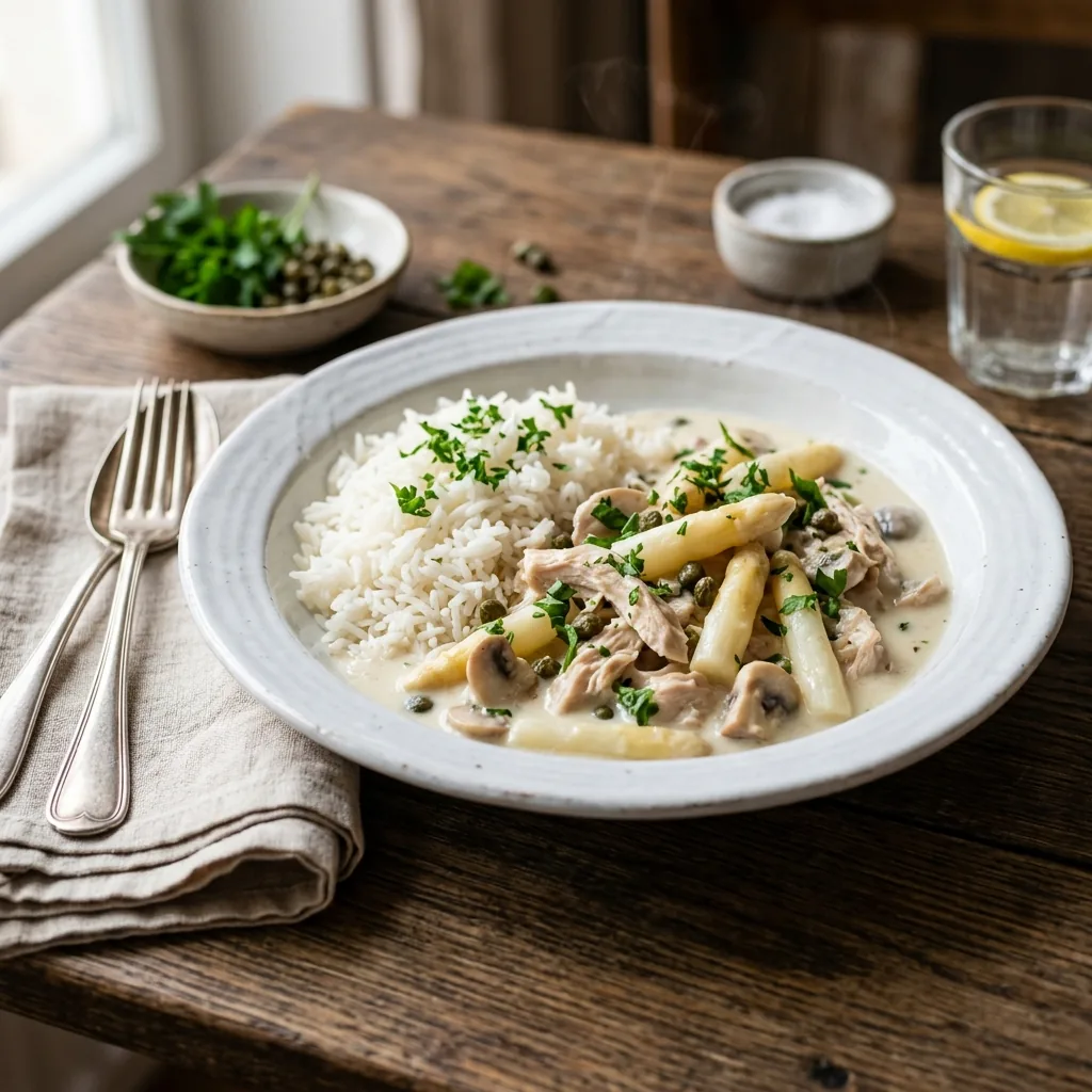 Klassisches Hühnerfrikassee mit Spargel und Kapern in cremiger Sauce