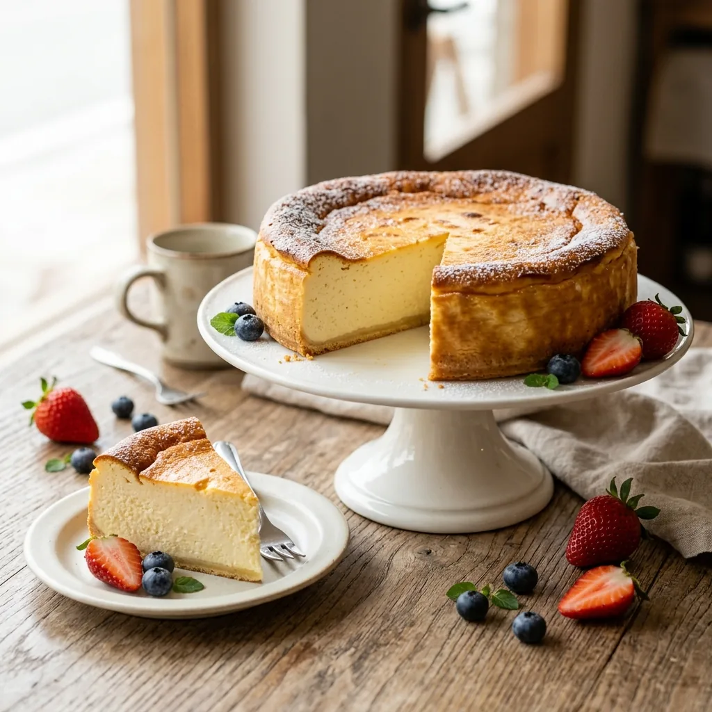 Klassischer deutscher Käsekuchen mit Quark auf einem Kuchenständer