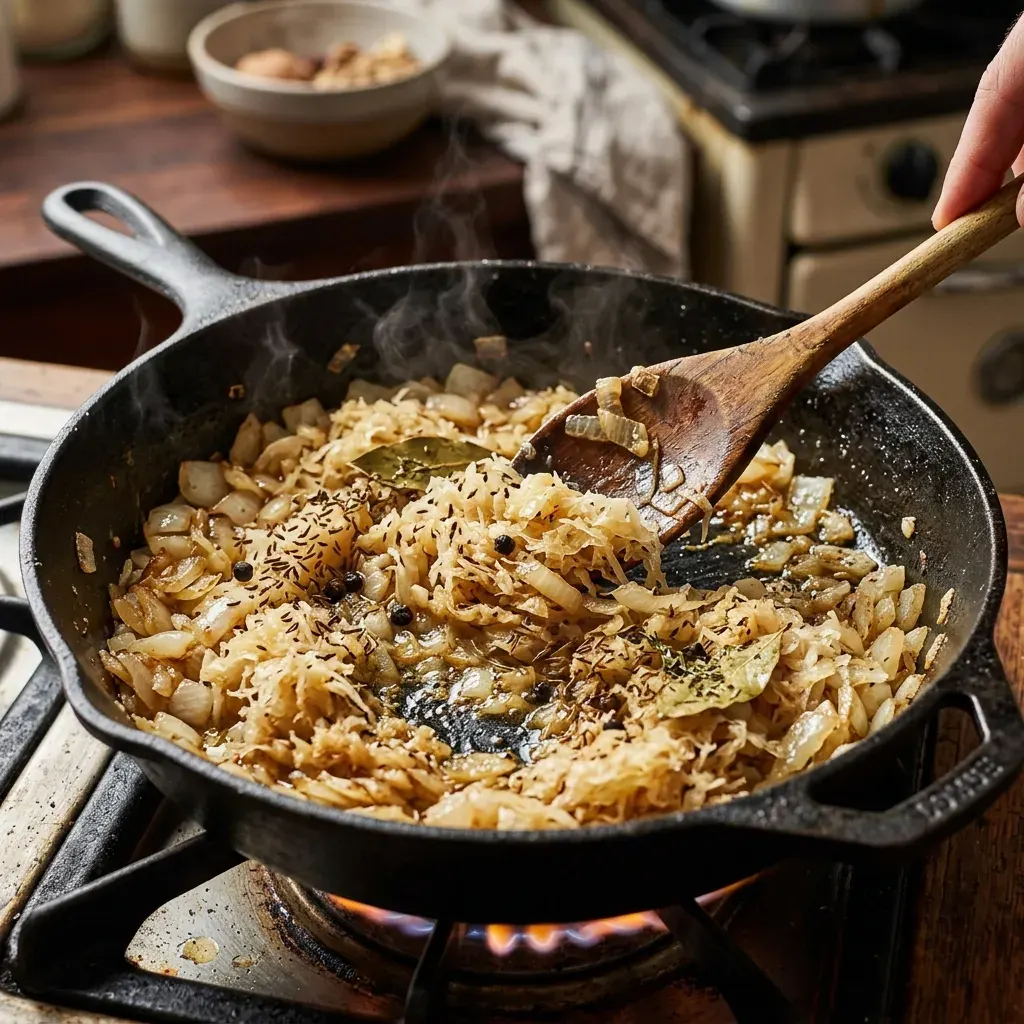 Zwiebeln dünsten und Sauerkraut zugeben