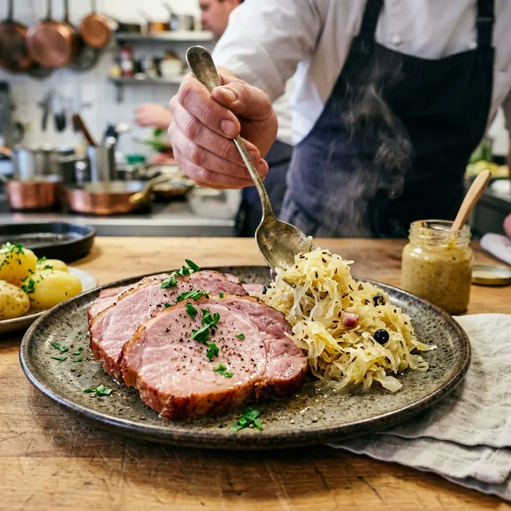 Fertig geschmorter Kasseler mit Sauerkraut servierfertig angerichtet
