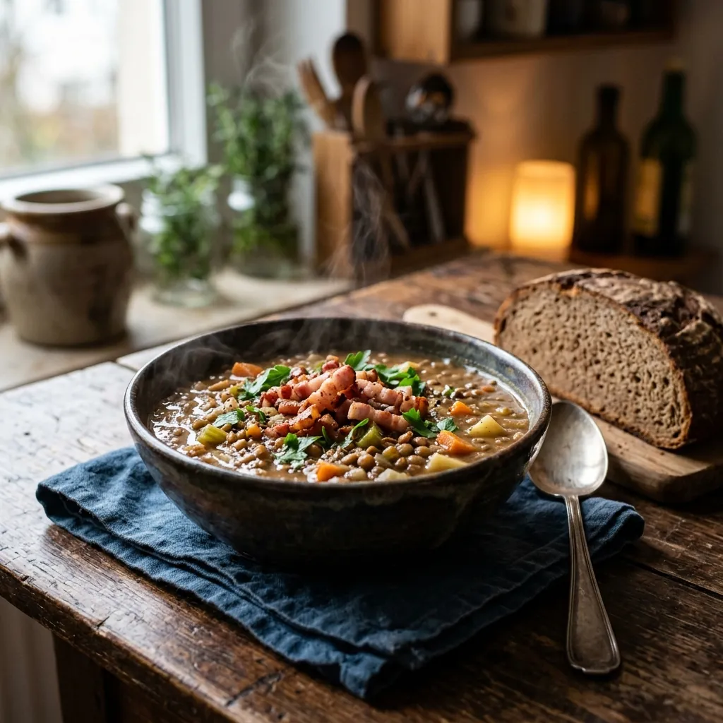 Deftige Linsensuppe mit knusprigem Speck und Wurzelgemüse in einem handgetöpferten Steintopf