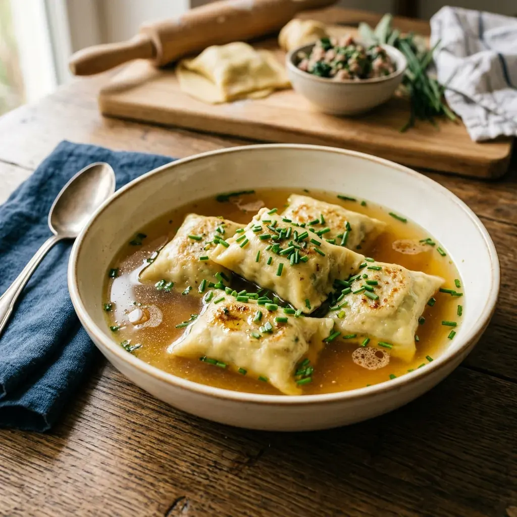 Schwäbische Maultaschen in goldener Brühe serviert mit frischen Kräutern und gebräunter Butter