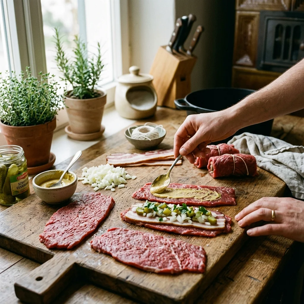 Rouladen füllen mit Senf, Speck und Gurke