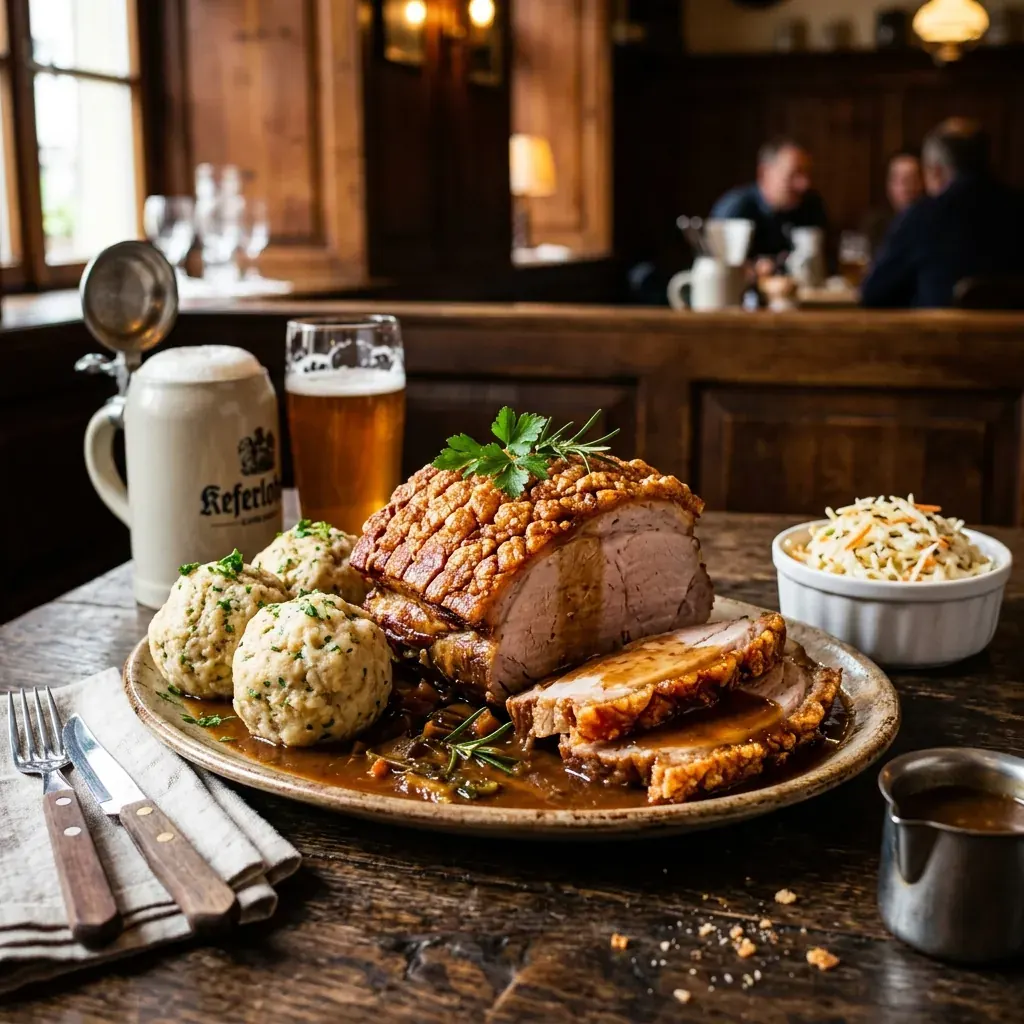 Bayerischer Schweinebraten mit knuspriger Schwarte und Semmelknödeln