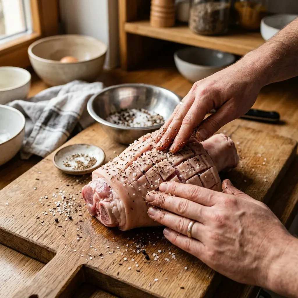 Schweinshaxe Schwarte einschneiden und mit Kümmel würzen