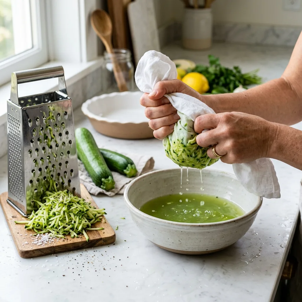 Zucchini wird geraspelt und ausgedrückt