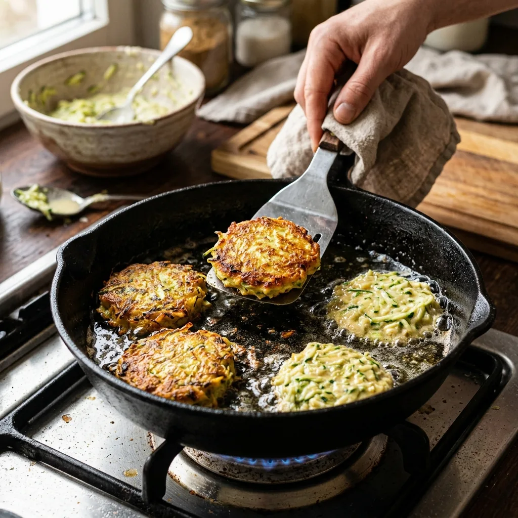 Zucchinipuffer werden in der Pfanne goldbraun gebraten
