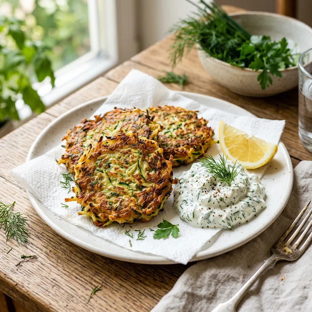 Fertige Zucchinipuffer mit Kräuterquark serviert