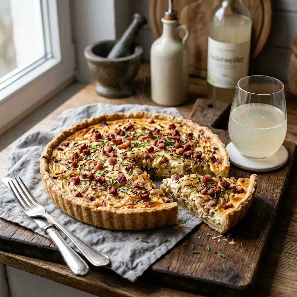 Schwäbischer Zwiebelkuchen mit Hefeteig und Zwiebel-Speck-Belag